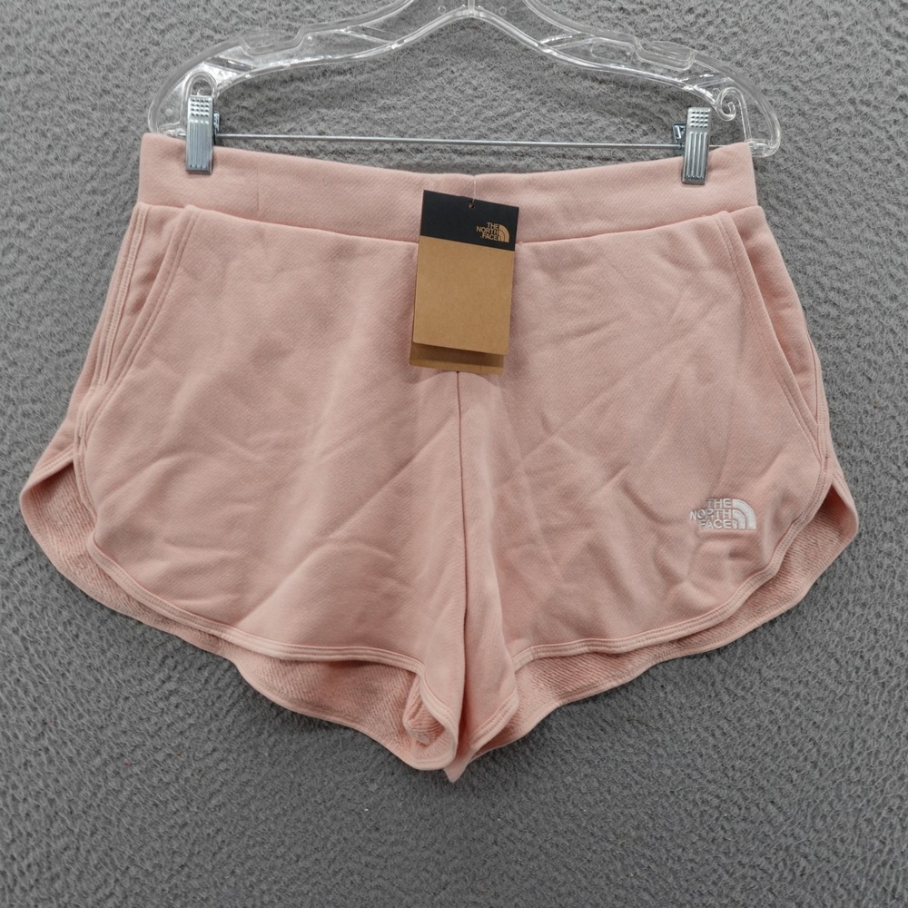 The North Face Womens Logo Tri Shorts Sand Pink Size Large Terry NEW